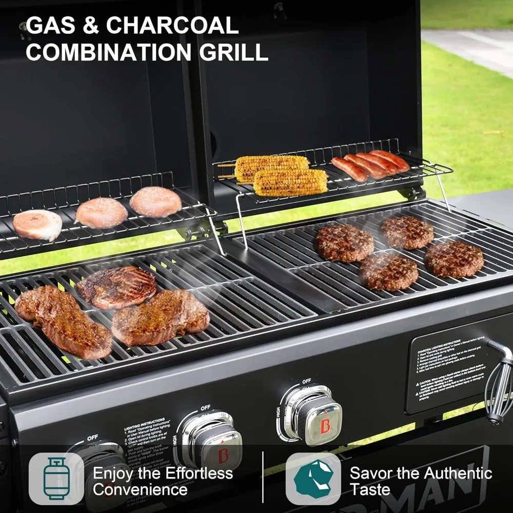 Grill Propane Gas and Charcoal Combo, Dual Fuel BBQ Combo Grill with Dual Lids & 2 Side Shelves for Outdoor & Backyard Barbecue