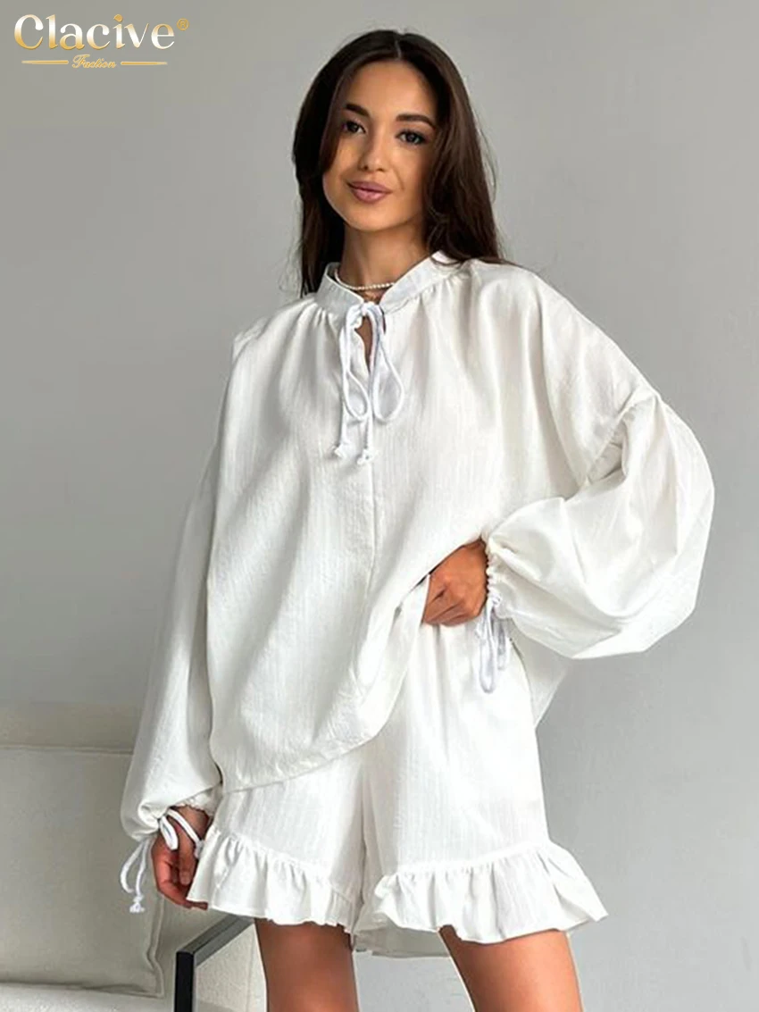 

Clacive Fashion Loose White Cotton 2 Piece Set Woman Outfit Elegant Long Sleeve Shirt With High Waist Shorts Set Female Clothing
