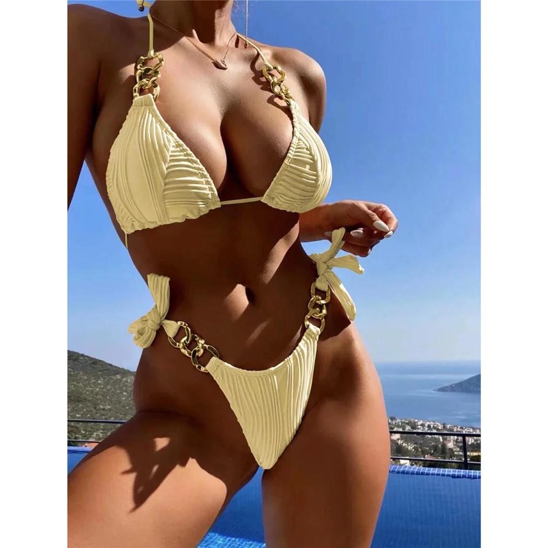 Metallringe, Neckholder, geraffter Bikini, Damen-Badeanzug, zweiteiliges Bikini-Set, Badebekleidung, Badeanzug, Damen-Bikini V4149SW – Detail 39