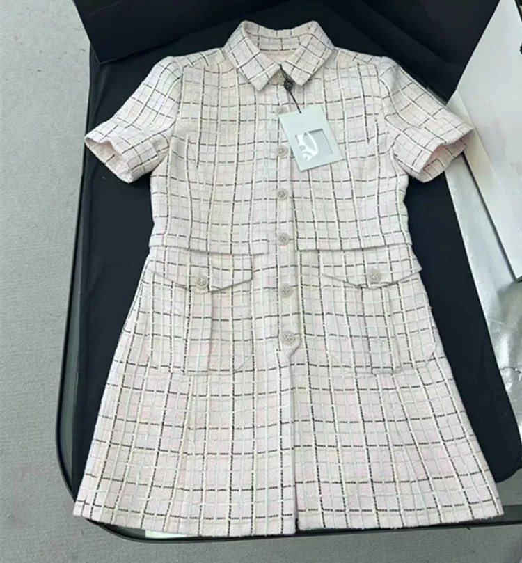 Customization European women's fashion 2026 spring new styles Short-sleeved single-button pink tweed coat five-pocket pants set