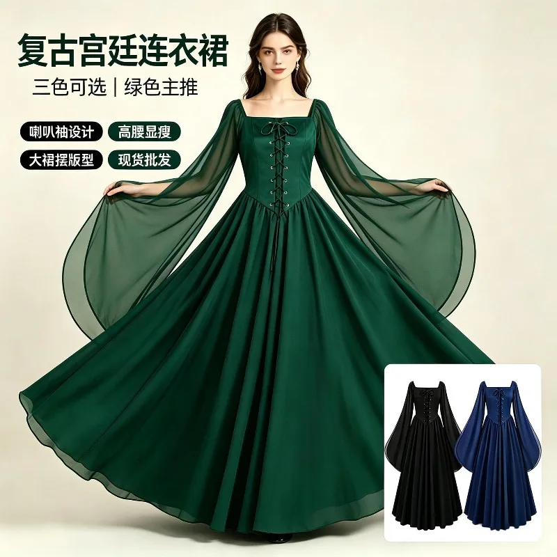 Robe de soirée de type « fée de Halloween », pour femmes, avec encolure carrée, laçage, manches évasées en mousseline, longue, idéale pour les spectacles, les banquets et les fêtes.