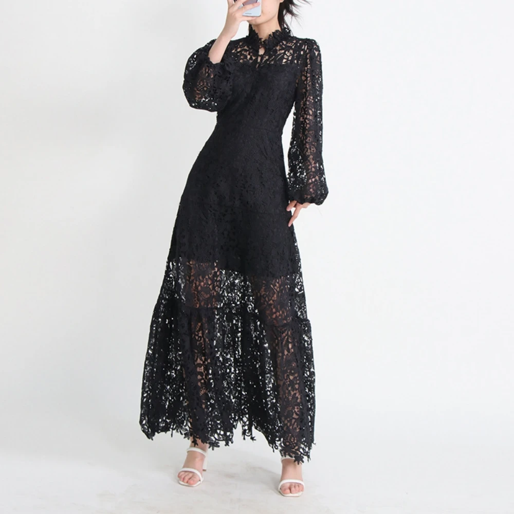 women\'s casual dresses ruffle hemline mock neck dress lantern long sleeve waisted hollow out floral embroidery maxi lace dress