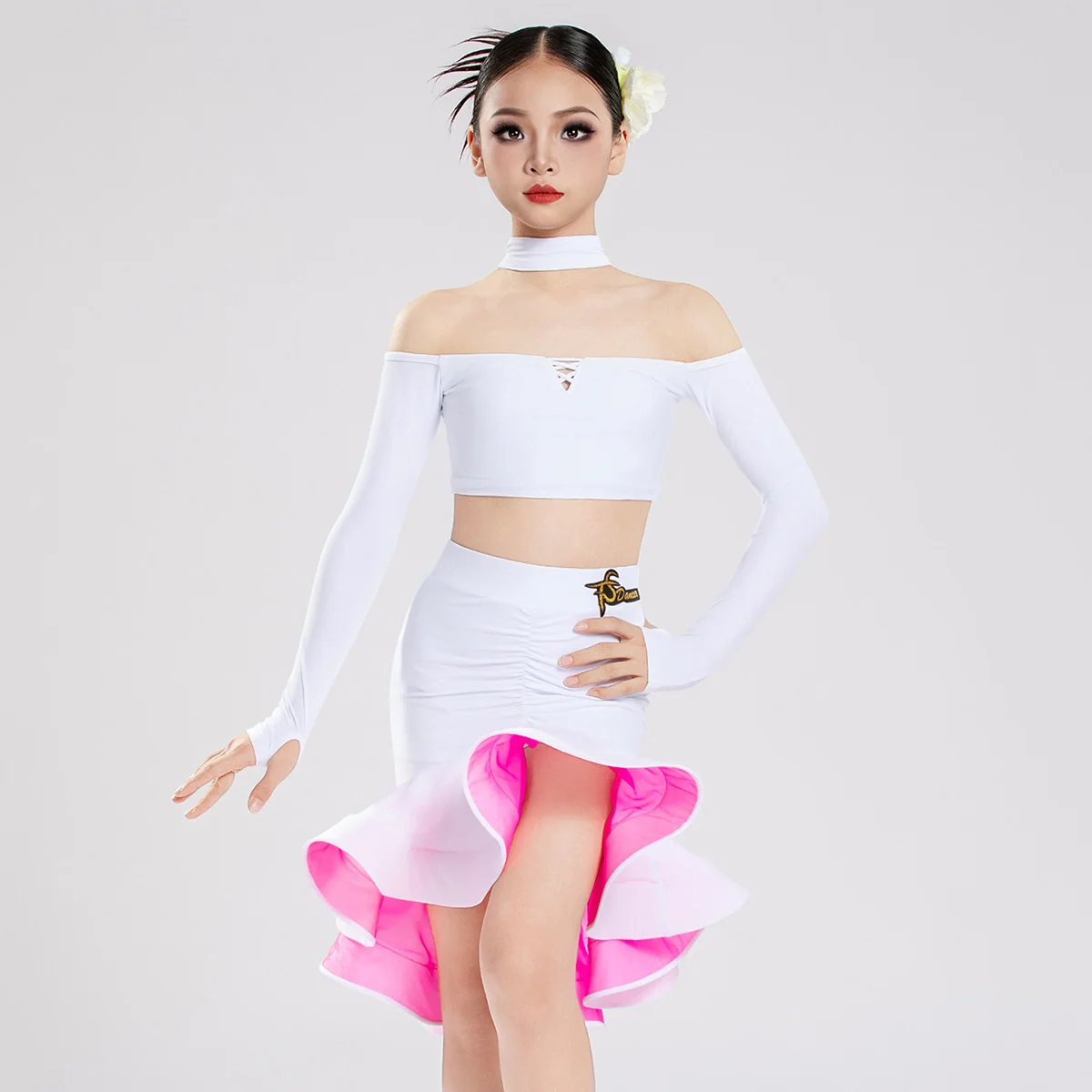 Kids Girls Cutout Shoulder Long Sleeve Bodysuit Fishbone Bodycon Skirts Latin Dance Costumes Children's Professional Dancewear