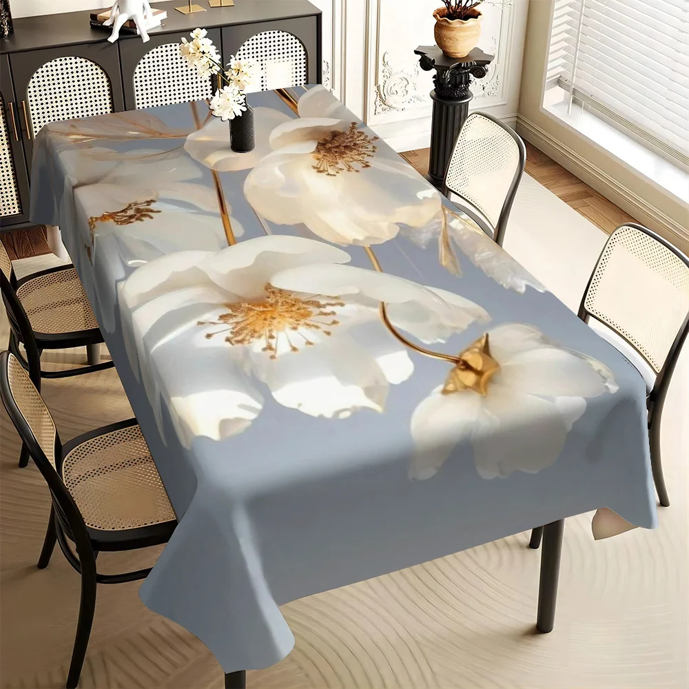 White Poppy Tablecloth, Light Blue Base With Golden Stamen White Flower Print, Rectangular Table Cover for Dining Room Decor