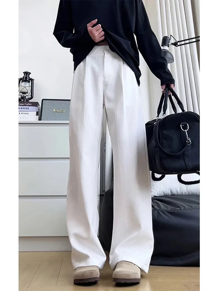 Loose Fit A-Line Men's Pants Vertical Stripes Textured Sensation Wide Leg Long Trousers Casual Style Youthful Energy