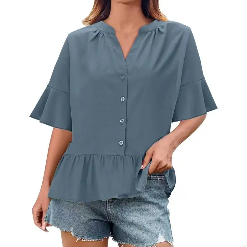 Chemisier plissé d'été à manches à volants pour femmes, col en V, boutons, chemises décontractées Y2K, tenues mignonnes, hauts à