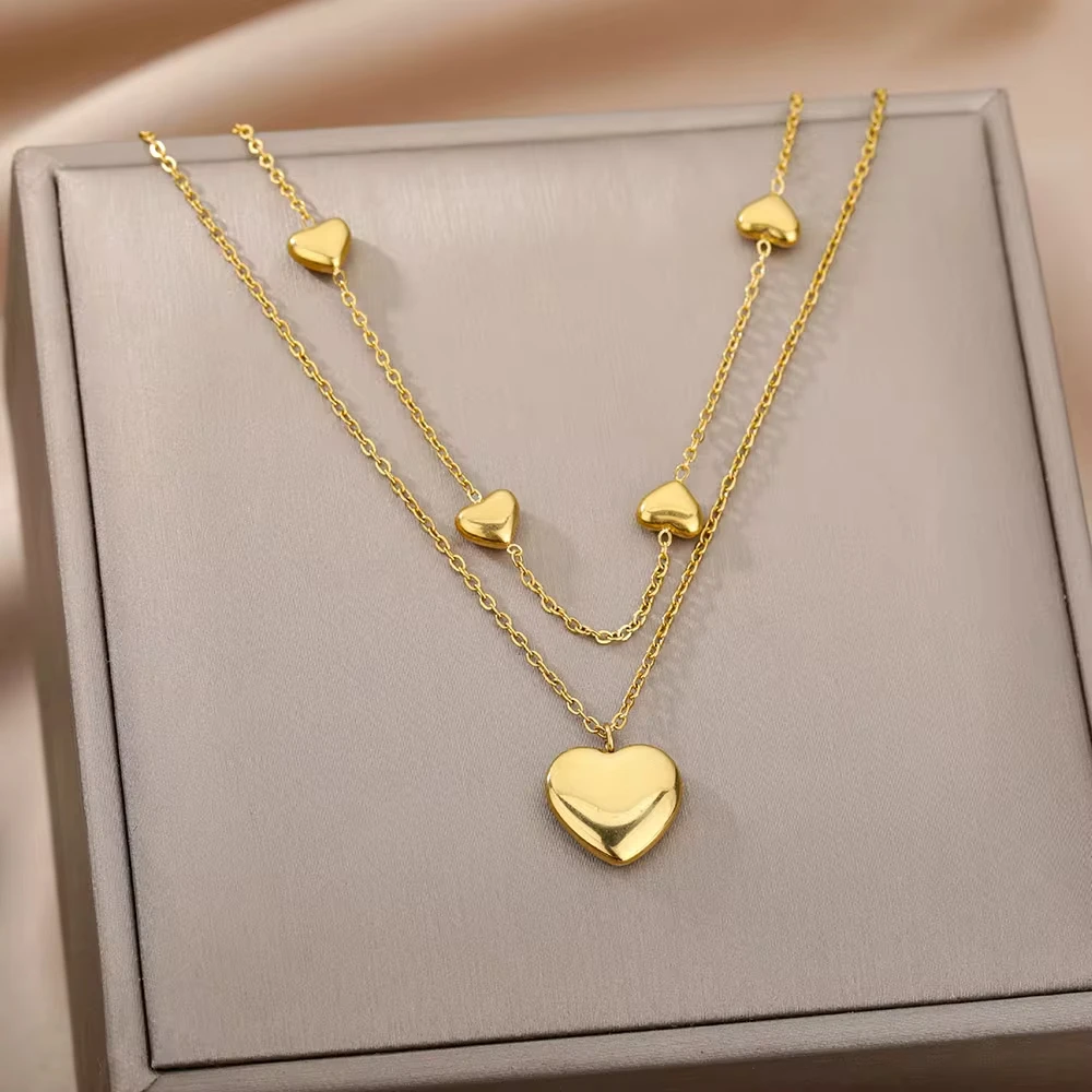 Collar de corazón multicapa de acero inoxidable 316L para mujer y niña, Gargantilla gótica de Color dorado, cadena de clavícula, joyería de encanto,