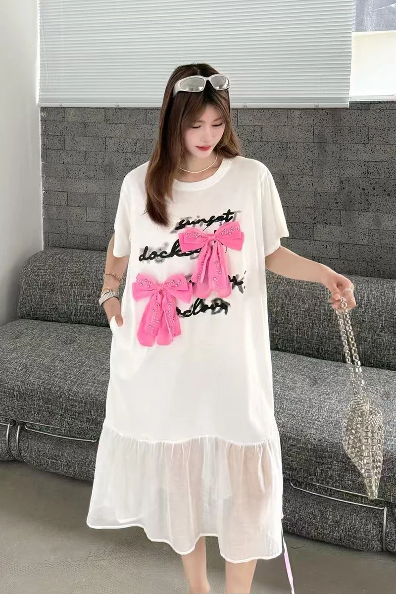 

2025 Summer Fashion Splicing Mesh Three Dimensional Bow Loose Long Dresses Women Short Sleeve Dress Ladies Wholesale J1072