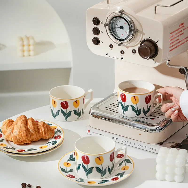 Hand Drawn Antique Tulip Coffee Cup Set, Ceramic Cup, Mug, High Aesthetic Afternoon Tea, Creative Cup and Plate