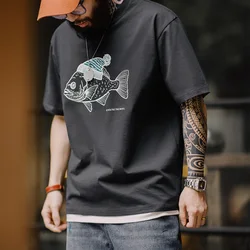 Maden Vintage Sea Fish Pattern Flocking Print T-shirt with Cotton Round Neck Short-sleeved Tee for Men's Summer Fashion Tops