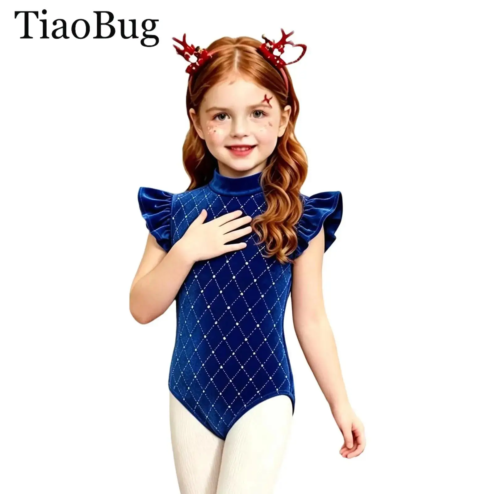 Kid Gymnastics Dance Jumpsuit Girls Metallic Rhombus Velvet Ballet Leotard Mock Neck Ruffled Cap Sleeves Figure Skating Bodysuit