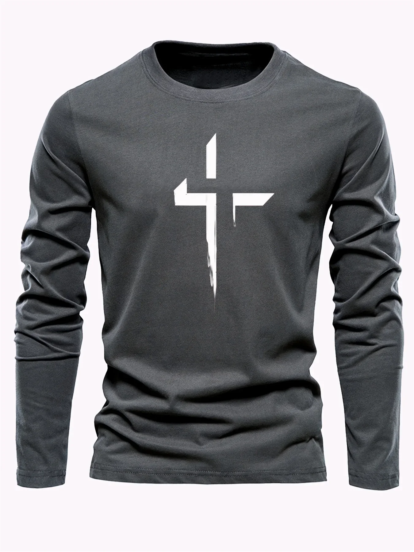 Gothic Punk Men Long Sleeve T‑Shirt Abstract Broken Cross Graphic Print Dark Streetwear Casual Daily Fashion Pullover Tee Top