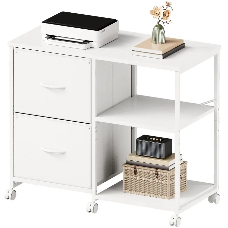 

Тканевый боковой шкаф для документов на колесиках, передвижная подставка для принтера с открытой полкой для хранения для домашнего офиса, белый