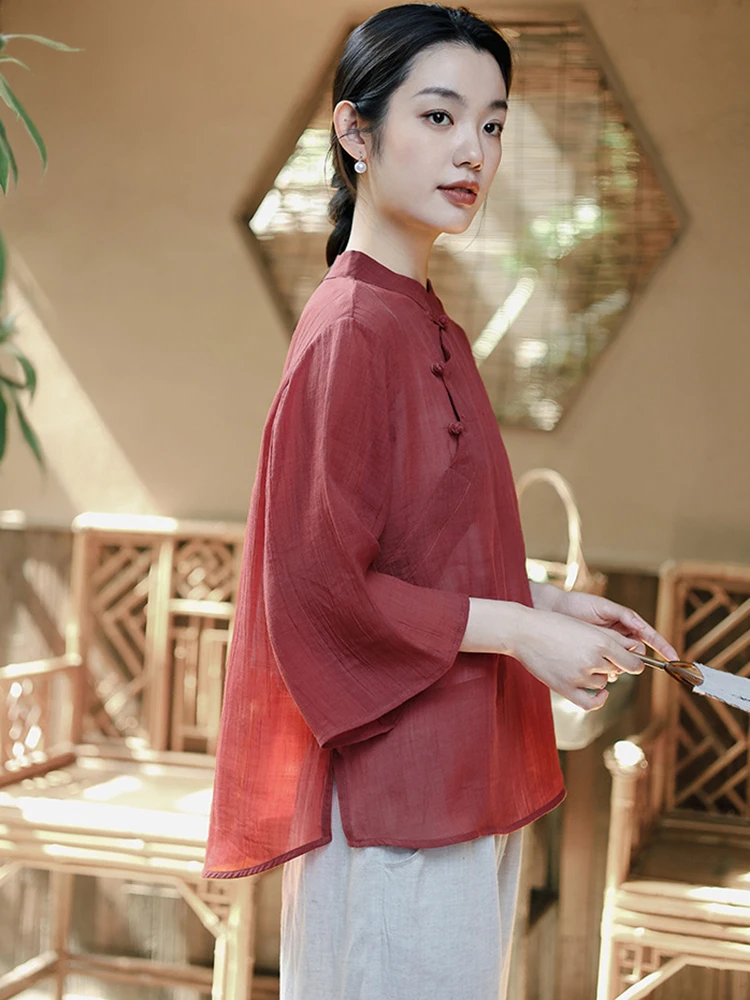 ผู้หญิงสไตล์จีนสบายๆเสื้อยืดใหม่มาถึง 2025 ฤดูร้อนVINTAGE Mandarin COLLARสีทึบหลวมหญิงเสื้อTees m1202