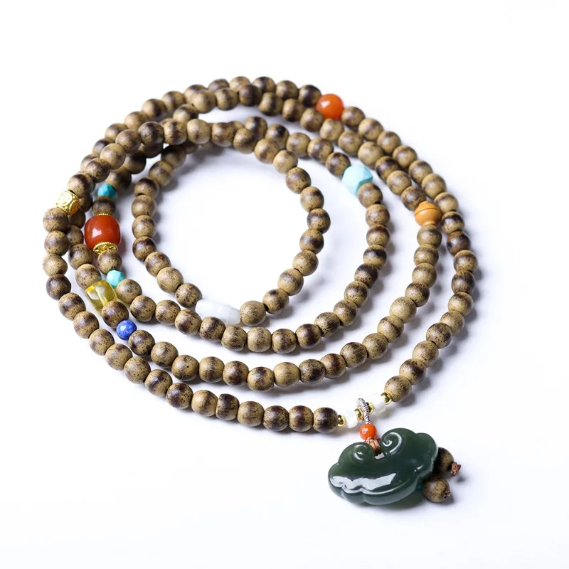 

Multi Wrap Butter Agarwood Bracelet Chinese Style Hetian Jade Ruyi Lock Wrist Necklace Gifts