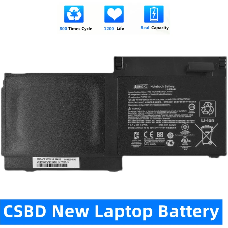 

CSBD New SB03XL Battery For HP EliteBook 820 720 725 G1 G2 HSTNN-IB4T HSTNN-l13C HSTNN-LB4T SB03046XL 717378-001 11.25V 46WH