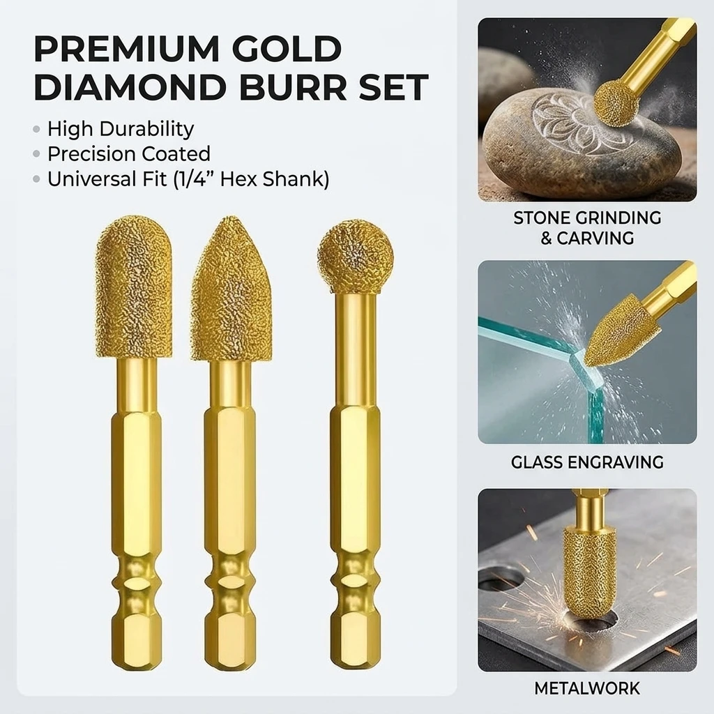 3pcs Mushroom Head Diamond Grinding Head with Hexagonal Handle Hard Alloy File for Cast Iron Stone Hand Drill Brazing Polishing