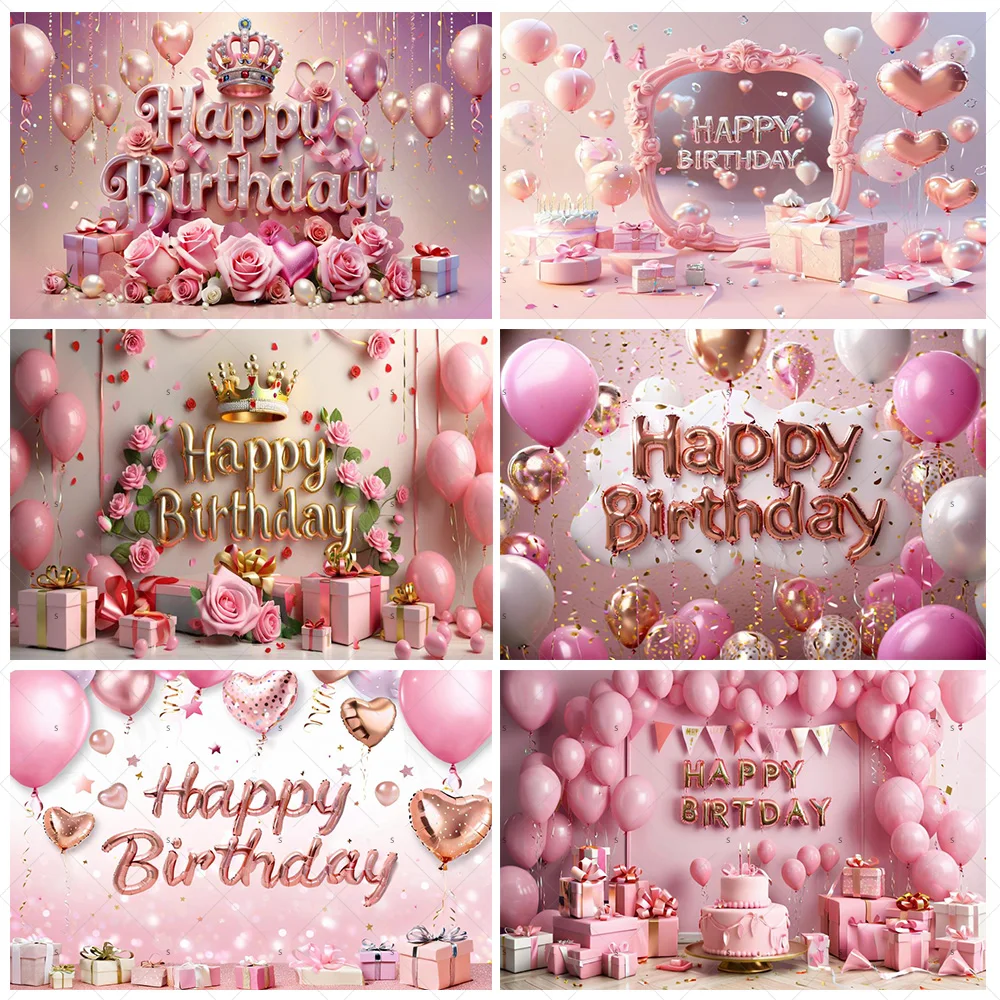 

Crown Pink Balloons Background Banner Girls Birthday Party Decorations Flower Photography Backdrop Supplies Photo Shoot Props
