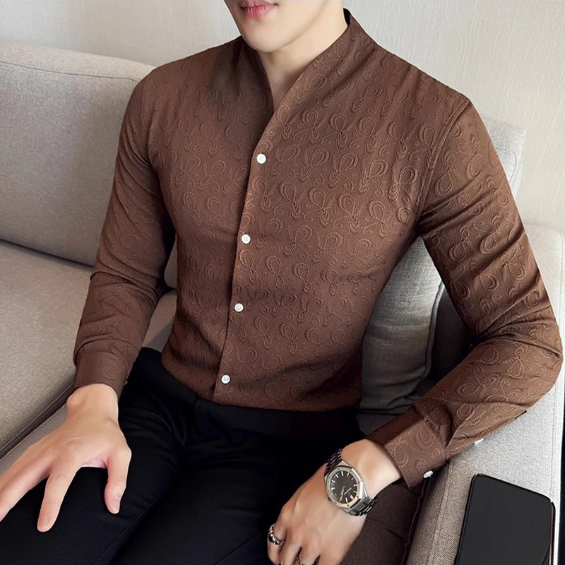 Chinese Style V-Neck Flower Jacquard Shirts for Man Asian Size Long-sleeve Slim Men Shirt Wedding Prom Elegant Camisas De Hombre