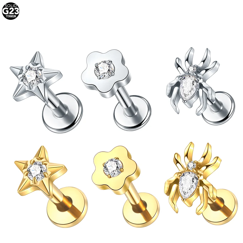 

1/5PCS Titanium Spider Star Labret Piercing Internally Threaded Stud Earring Cartilage Tragus Helix Piercing Fashion Jewelry