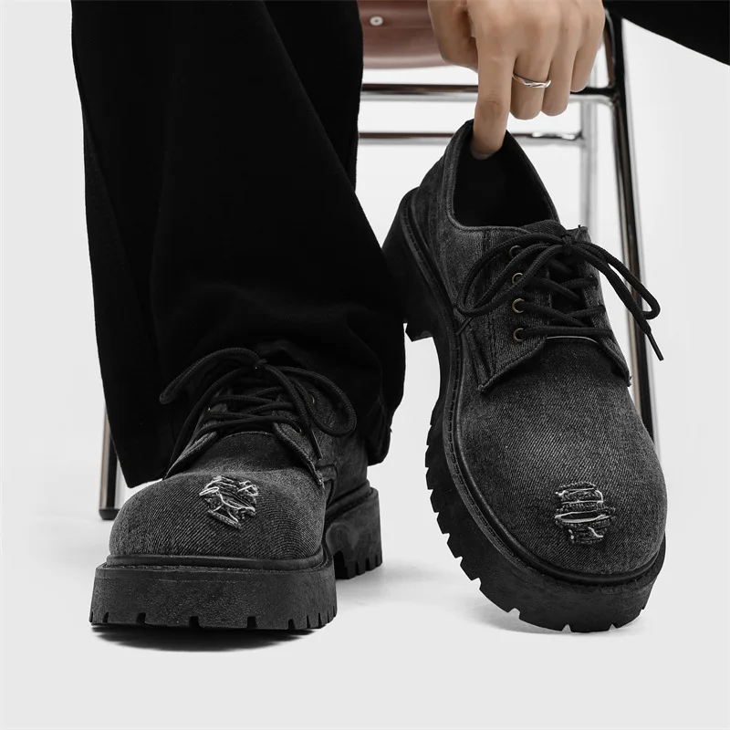 denim Men's Shoes Black Leather Formal Shoes For Men Derby Shoes Male Wedding Party Office Business Shoe Man Normal Size