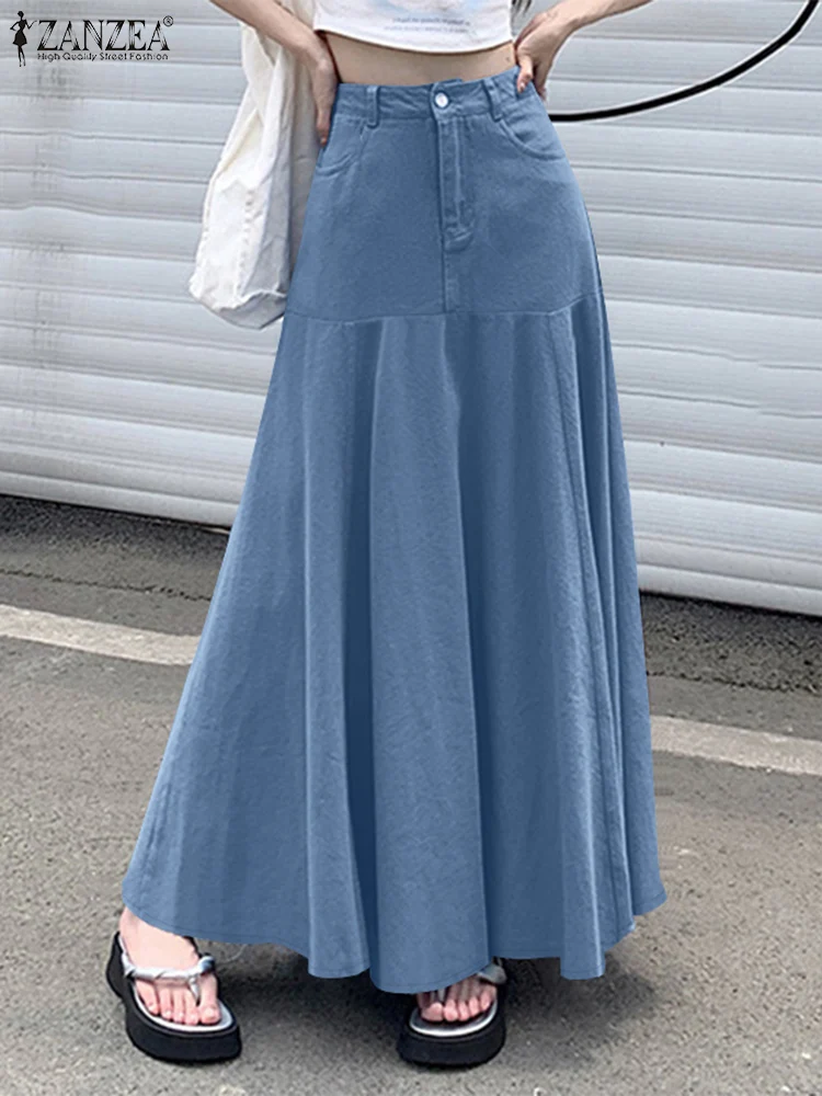 Fashion A-line Holiday Faldas Saia Jupes ZANZEA Elegant Women High Waist Long Skirts Solid Skirt Autumn Party Work Sundress 2024