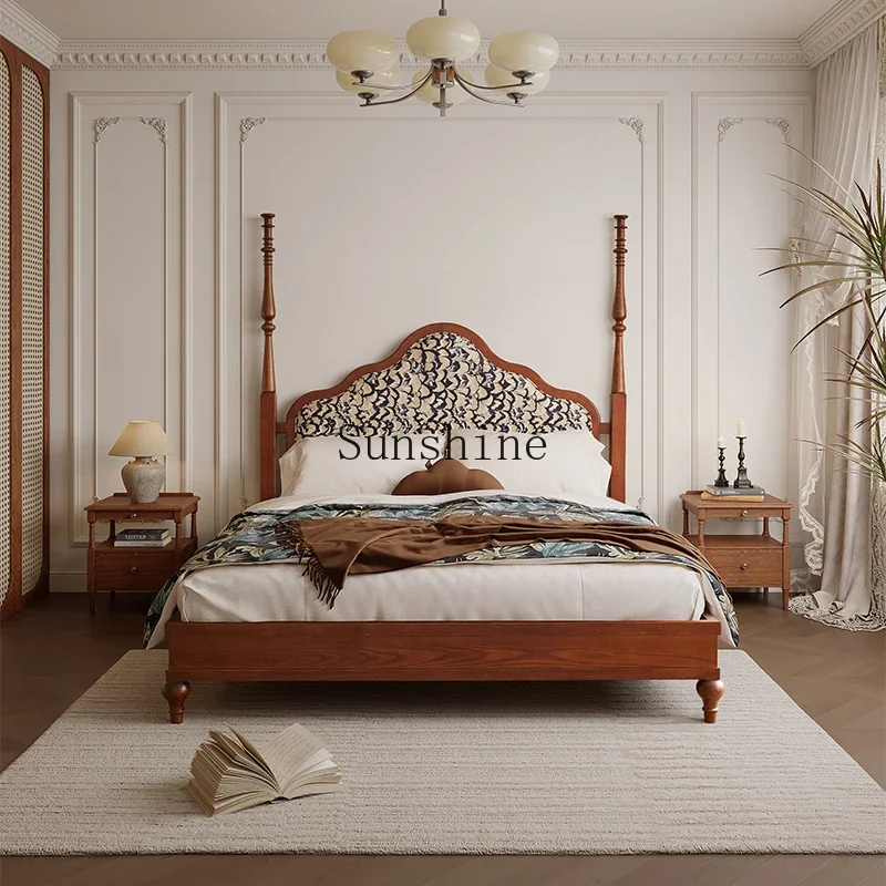 Ash wood solid wood bed small apartment master bedroom double bed high-end retro style