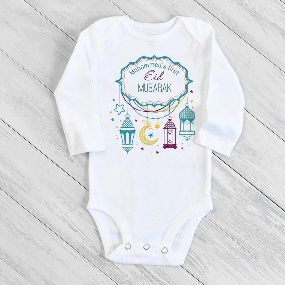 Personalised Eid Ramadan Baby Bodysuit Custom Name Infant Long Sleeve Romper Eid Newborn Clothes Islamic Muslim Holiday Outfit