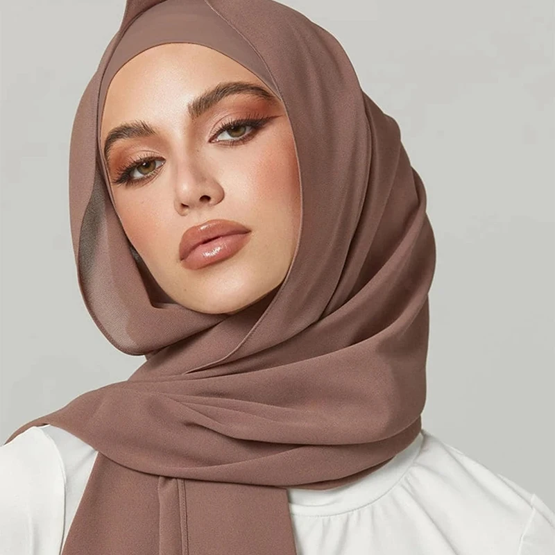 2 Piece Set Plain Color Muslim Chiffon Scarf Hijab Female Islamic Undercap Cover Shawls Wraps for Women Hijabs Hair Scarves