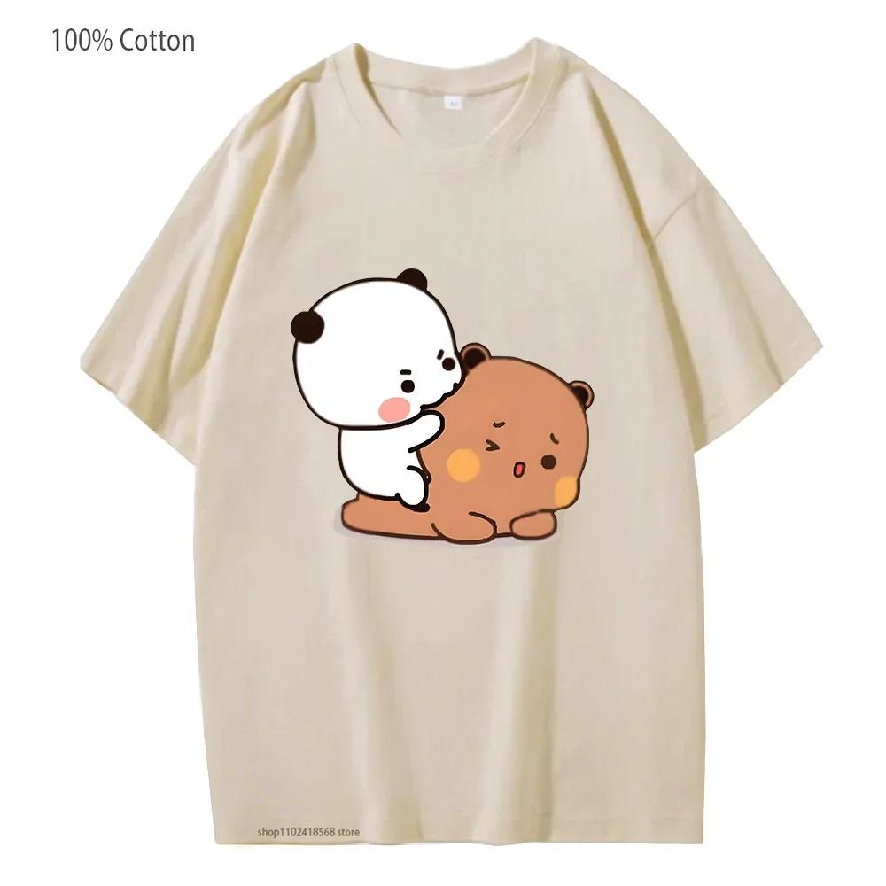 Bubu Biting Dudu T-Shirts Cartoon Brownie Panda Bear Tshirt Women Kawaii Y2k Tops Men Clothes 100% Cotton Casual Girls Clothing