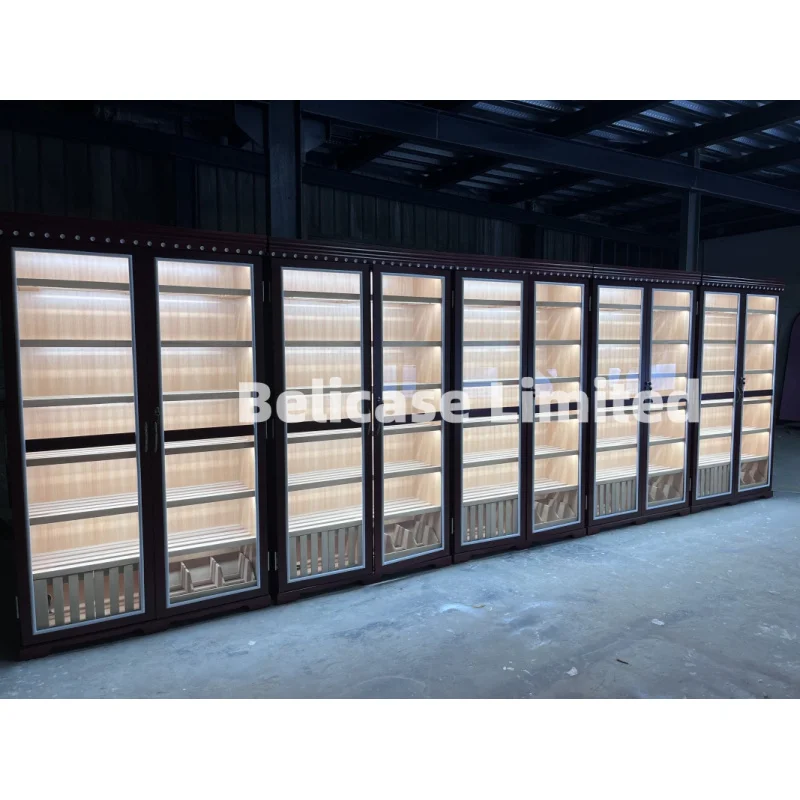 customized.New Product Swing Glass Door Cigar Display Cabinet with Tray Led Light Large Commercial Cigar Wooden Humidor