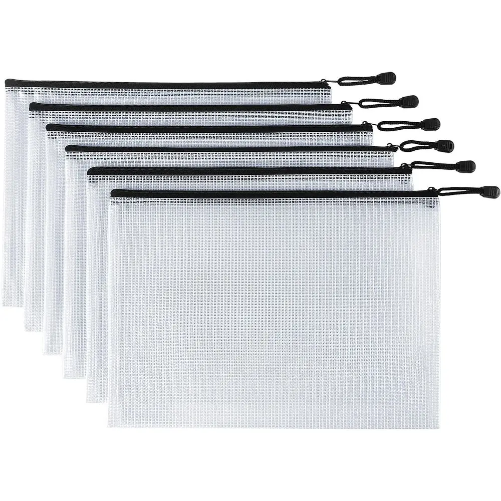 

6 Pack Mesh Zipper Pouch Document Bag Waterproof for School Office Supplies Travel Storage Bags (White)