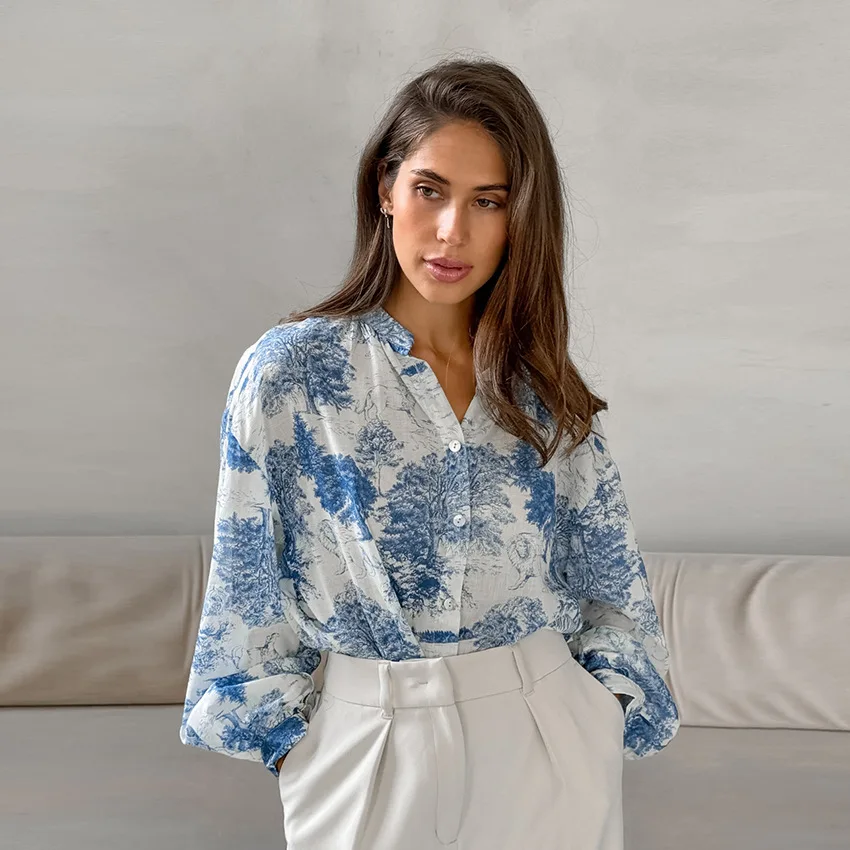 

2026 Autumn New Fashion Stand Collar Long Sleeve Loose European And American Versatile Casual Women's National Style Printed