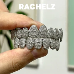 RACHELZ Silver Color Iced Out CZ Stone Teeth Grillz Hip Hop Cubic Zircon Tooth Caps For Women Men Jewelry Party Gift
