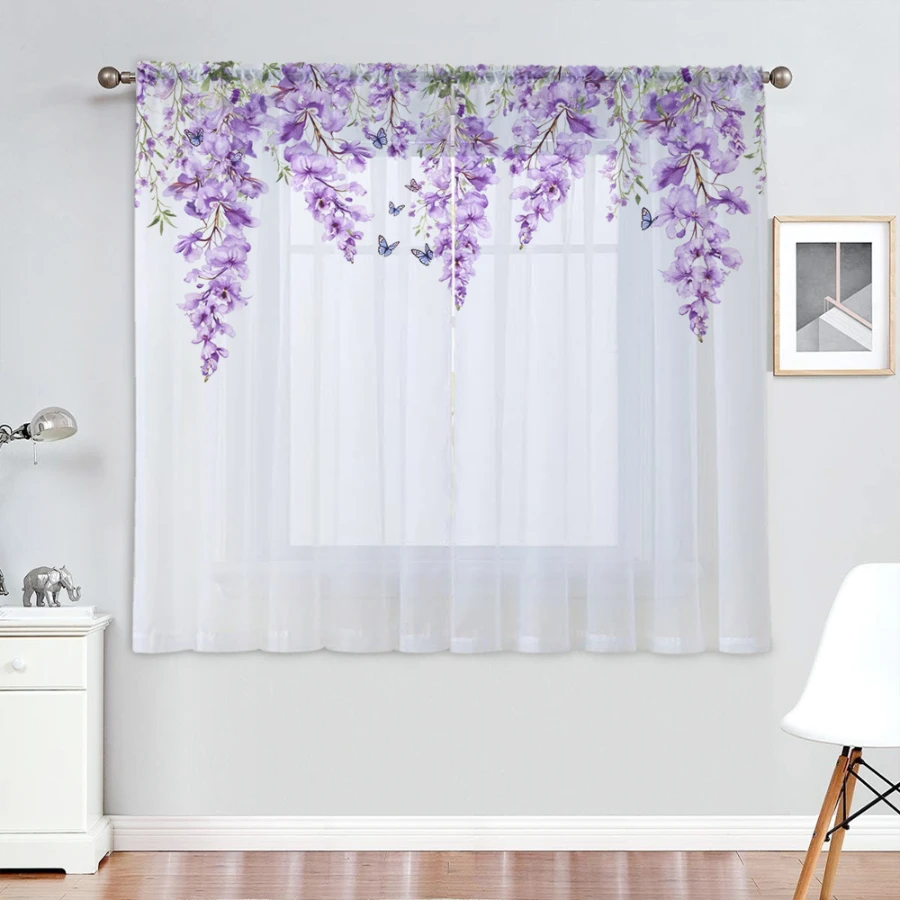 2PCS Digital Print Sheer Curtains, Purple Wisteria Butterfly, Romantic Floral Garden Spring for Bedroom Living Room Home Decor