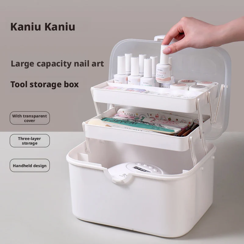 Kaniu Large Capacity Nail Art Tool Storage Box With Transparent Cover Three-Layer Desktop Organizer Box With Handheld Design