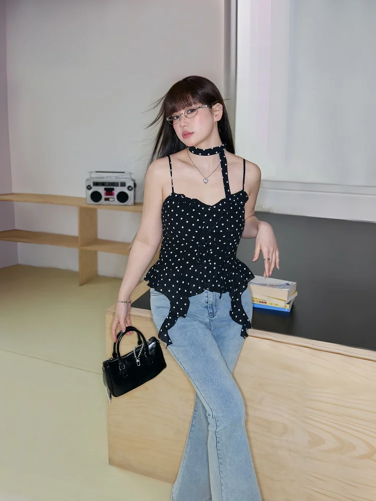 

plus Size Women's Polka Dot Print Slim Fit Summer Top Korean Sle Commute High Waist Knot round Ne Svel