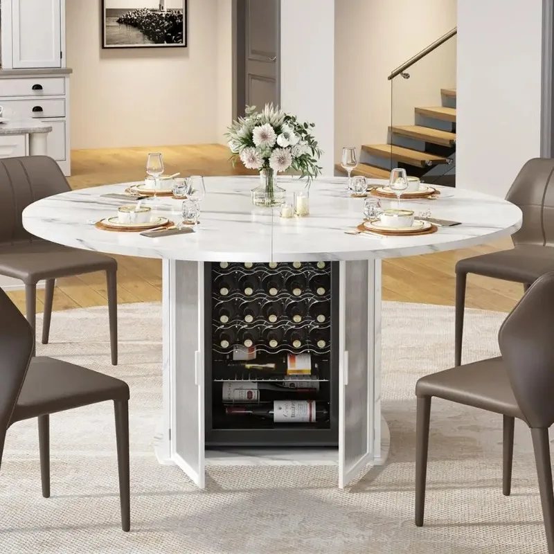 47 Round Dining  with Storage, White Faux Marble Kitchen Tables for 46 People, Modern Dining Room with Fridge Space