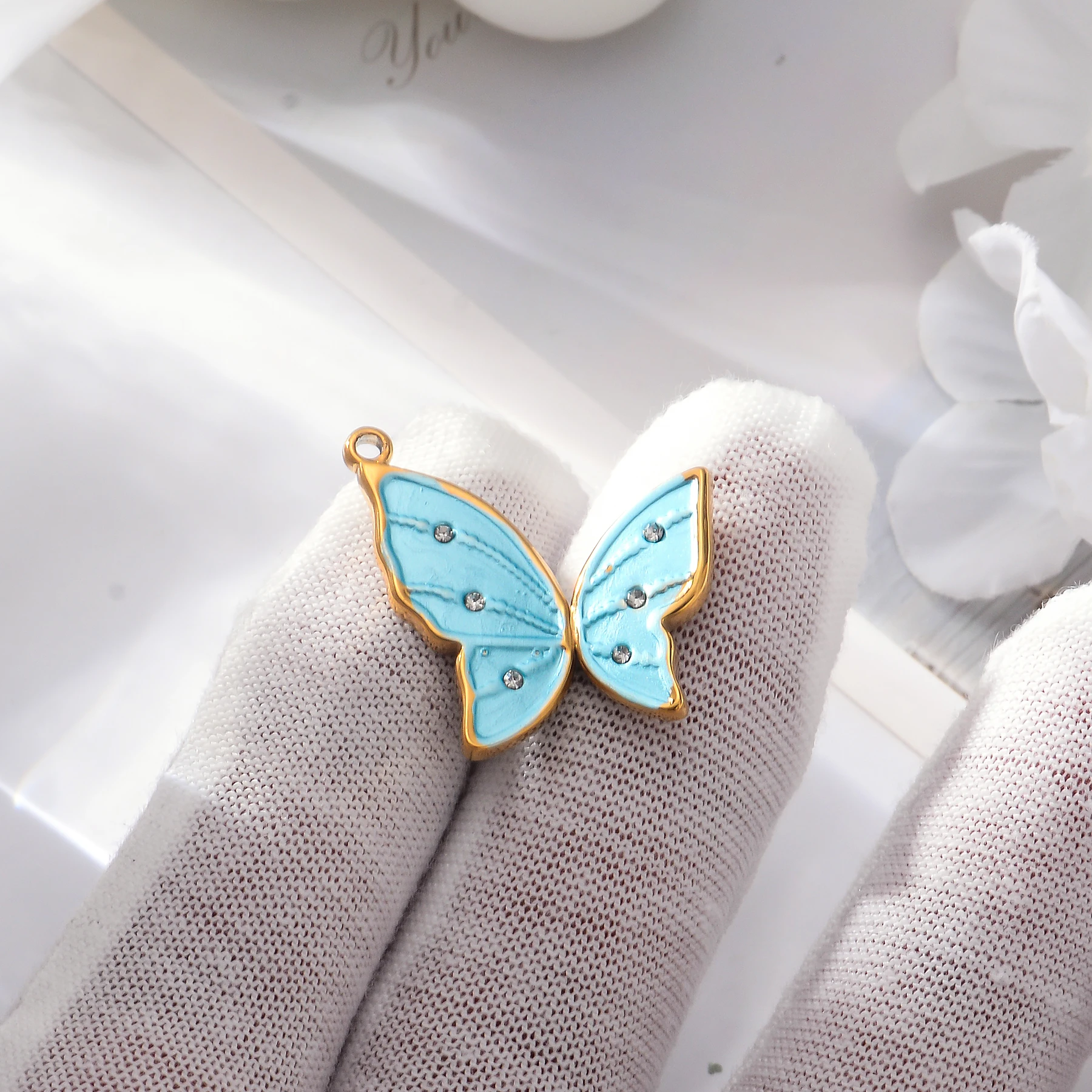 2 قطعة المينا الفولاذ المقاوم للصدأ قلادة على شكل فراشة ملونة DIY بها بنفسك صنع قلادة مفتاح سلسلة مجوهرات اكسسوارات الحيوان #5