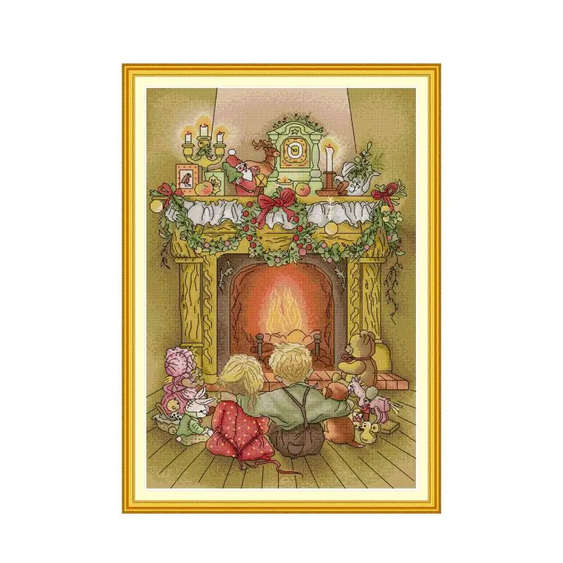 

Two Youngsters By The Fireplace Cross Stitch Kits 14CT 11CT White Cloth Printed Fabric Needle Thread DIY Pattern Home Deco Gifts
