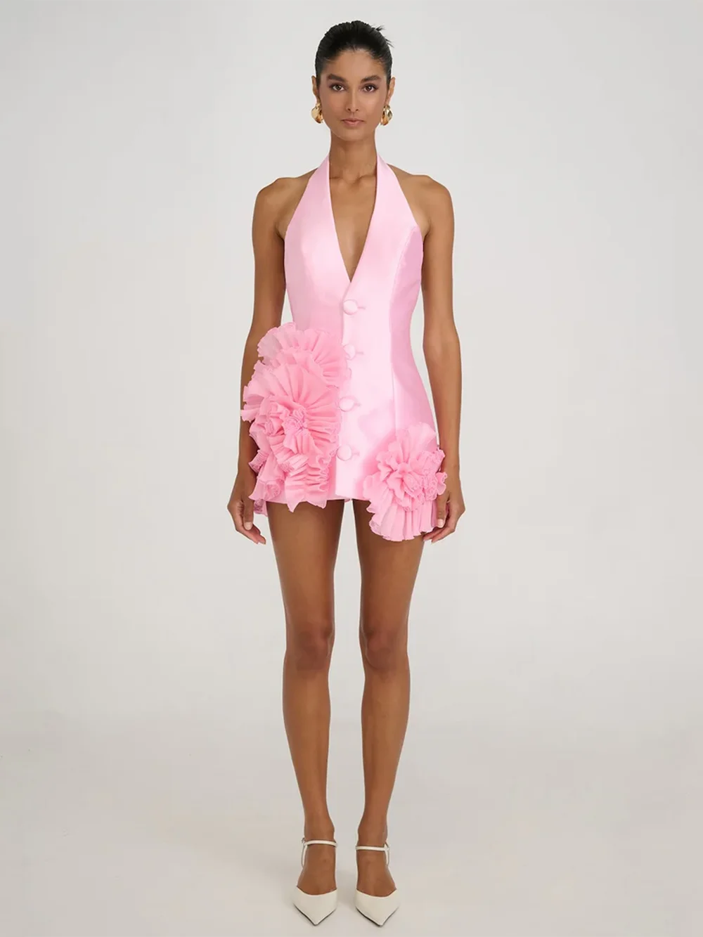 Modphy Pink Sexy 3D Fiori Halter Abito corto in raso Donna Backless Hip Package Abiti da festa Chic Party Club Robe Lady