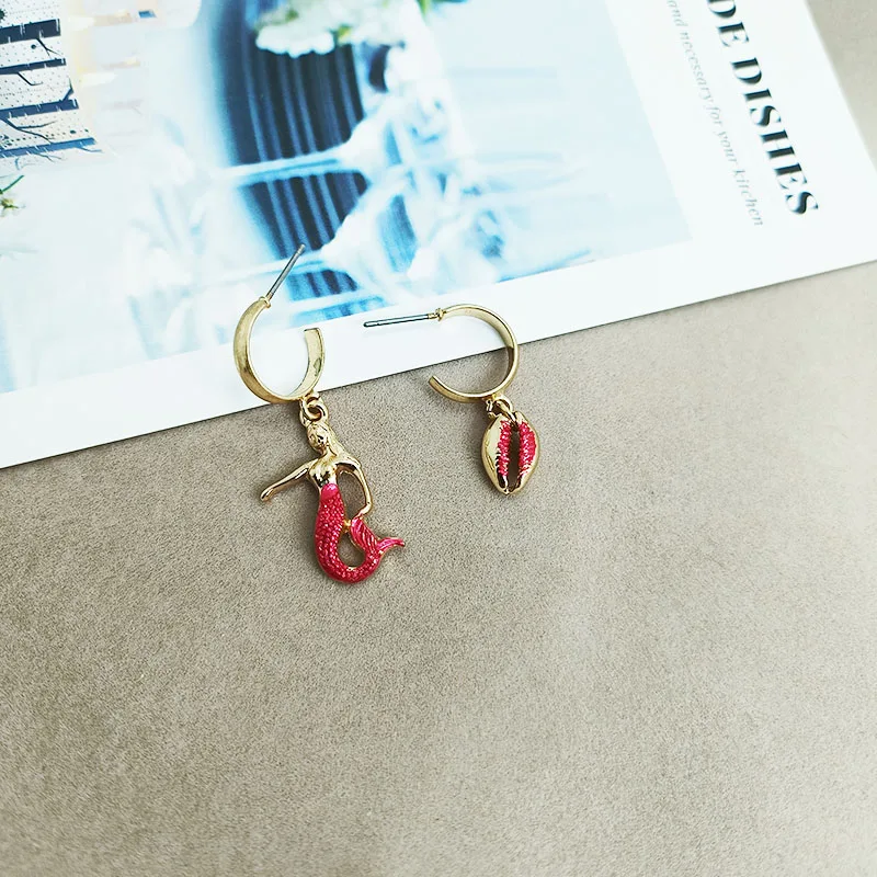 Renya Cute Red Enamel Mermaid Shell Drop Earring C Hoop Asymmetrical Dangle Earring for Women Girls Party Jewelry Accessories