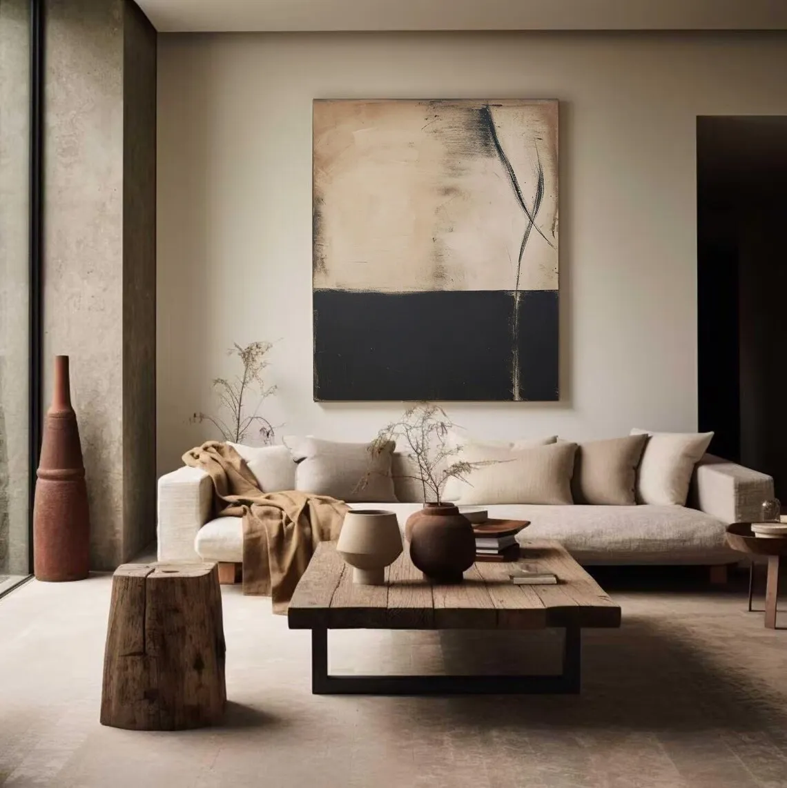 Mhemyo بيج Wabi-Sabi جدار الفن أسود بيج مجردة رسمت باليد اللوحة القرون الوسطى الملمس اللوحة السوداء الحد الأدنى جدار ديكور