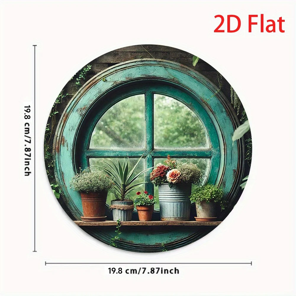 2D Flat, 20.32x20.32cm Aluminum Window Sill and Flower Pot Landscape Metal Tin Sign - Distressed Green Round Wall Decor, Pre-Dri