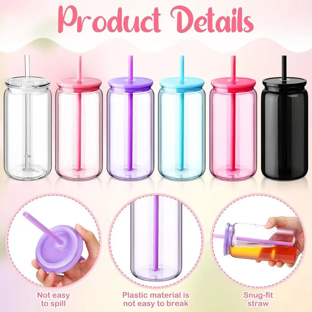 NEW 16oz(450ml) Capacity Mason Jar Cups with Lids Straws Break-Resistant Water Bottles Reusable Drinking Tumbler Wedding Party