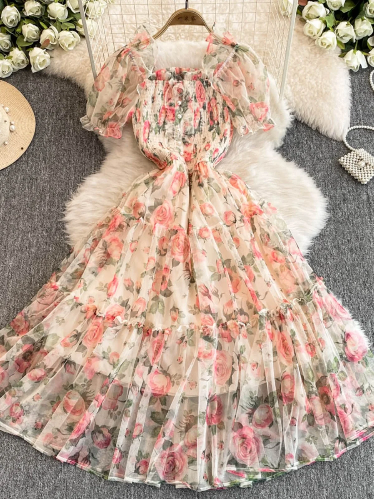 Ele Bloemenprint Vierkant Ne Dr Retro Sweetn Zout en Sweetn Initial Love Tea Break Rok Woon-werkverkeer Koreaanse Sle B...