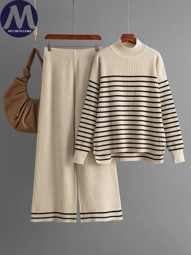 2 Piece Sets Women Outfit Autumn Winter Striped Half High Neck Knitted Sweater Top Suits Fashion Casual Loose Wide Leg Pant Sets