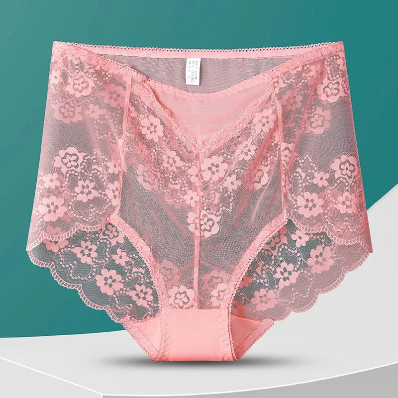 Large Size Quick Dry Sexy Lace Panties Mid Waist Elastic Mesh Cotton Bottom Breathable Flowers Ice Silk Briefs Women\'s Underwear