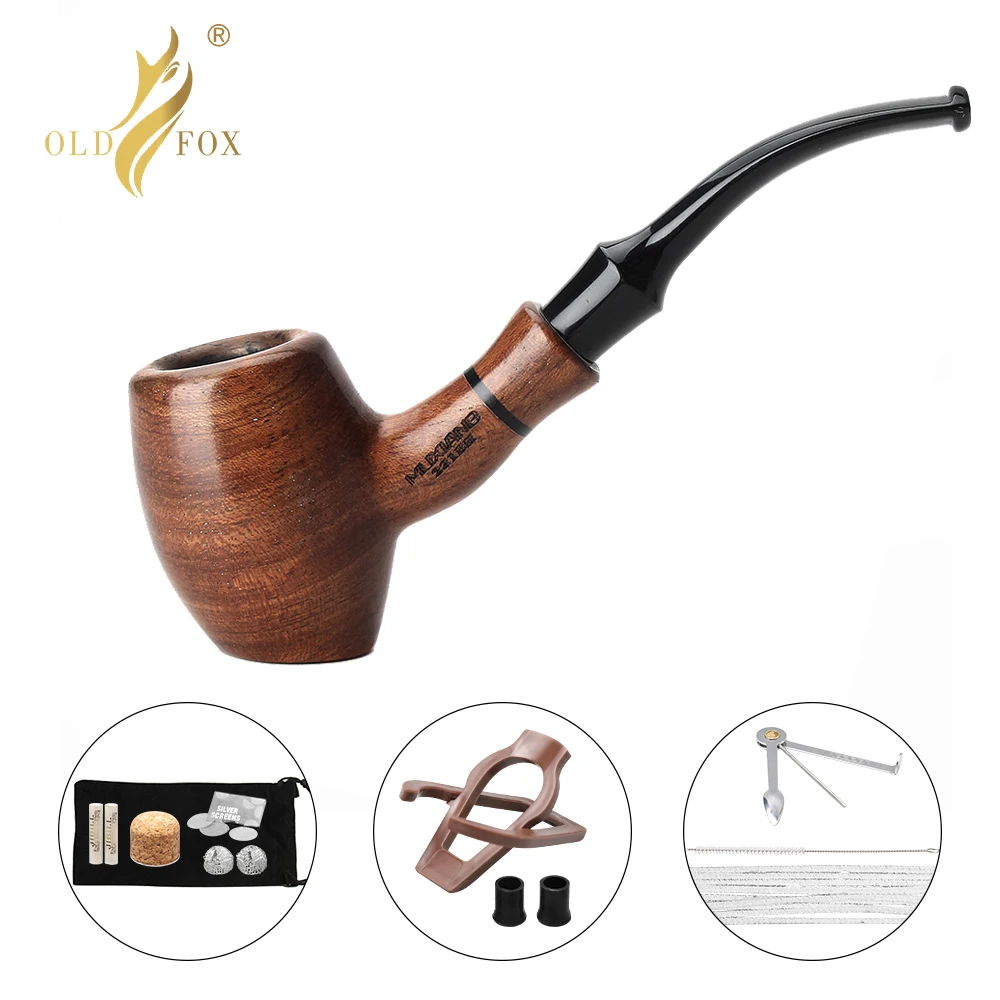 Old Fox Rosewood Tobacco Bent Pipe Set Accessories 9MM Activated Carbon Paper Filter Sandalwood Smoking Pipe With 10 Tools Kits