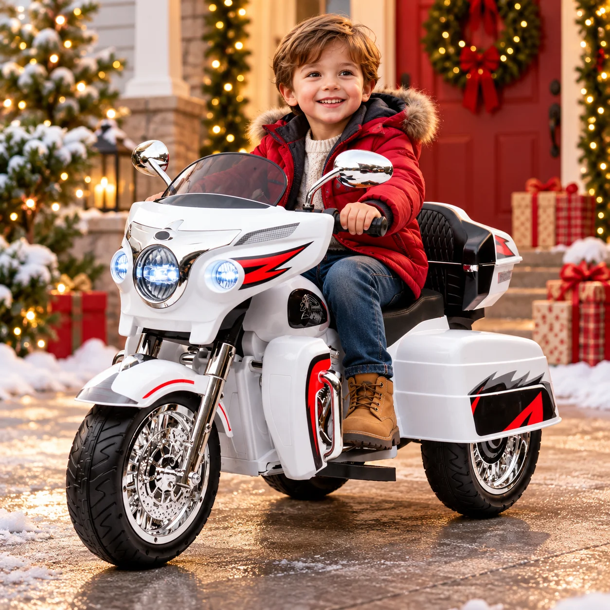 12V Kids Electric Ride-On Motorcycle with Dual 25W Motors, Forward and Reverse, LED Lights, Wireless Music Player, Power Display, Large Storage Trunk and Soft PU Seat, White Rechargeable Three-Wheel Vehicle for Boys and Girls Ages 3-6, Outdoor Toy
